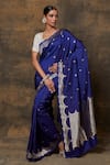 Pinki Sinha_Blue Banarsi Silk Woven Floral Jaal Scallop Saree With Running Blouse Piece _Online_at_Aza_Fashions