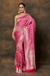 Buy_Pinki Sinha_Pink Banarsi Silk Woven Floral Vine Stripe Saree With Running Blouse Piece _at_Aza_Fashions