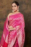 Buy_Pinki Sinha_Pink Banarsi Silk Woven Floral Vine Stripe Saree With Running Blouse Piece _Online_at_Aza_Fashions