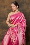 Shop_Pinki Sinha_Pink Banarsi Silk Woven Floral Vine Stripe Saree With Running Blouse Piece _Online_at_Aza_Fashions