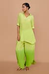 Buy_Pinki Sinha_Green Crepe Solid Flat Collar High-low Kurta With Ombre Petal Pant _Online_at_Aza_Fashions