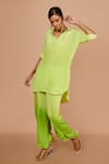 Shop_Pinki Sinha_Green Crepe Solid Flat Collar High-low Kurta With Ombre Petal Pant _Online_at_Aza_Fashions