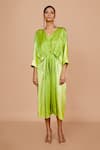 Pinki Sinha_Green Satin Solid V-neck Ombre Kaftan _Online_at_Aza_Fashions