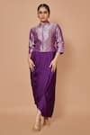 Buy_Pinki Sinha_Purple Banarsi Silk Woven Chevron Mandarin Collar Jacket With Draped Skirt _at_Aza_Fashions