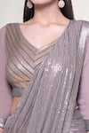 Buy_Nakul Sen_Grey 100% Silk Chiffon Embroidered Sequins V Neck Saree With Blouse _Online_at_Aza_Fashions