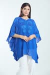 Shop_Namrata Joshipura_Blue Textured Georgette Embroidered Floral Kaftan Round Dahlia Top _Online_at_Aza_Fashions