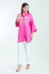 NAMRATA JOSHIPURA_Fuchsia Shimmer Satin Embroidered Pearl Stone Collar Hibiscus Flower Shirt _Online_at_Aza_Fashions