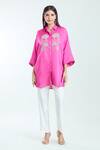 Buy_NAMRATA JOSHIPURA_Fuchsia Shimmer Satin Embroidered Pearl Stone Collar Hibiscus Flower Shirt _Online_at_Aza_Fashions