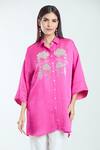 Shop_NAMRATA JOSHIPURA_Fuchsia Shimmer Satin Embroidered Pearl Stone Collar Hibiscus Flower Shirt _Online_at_Aza_Fashions