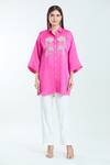 Buy_NAMRATA JOSHIPURA_Fuchsia Shimmer Satin Embroidered Pearl Stone Collar Hibiscus Flower Shirt 