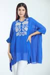 Buy_NAMRATA JOSHIPURA_Blue Textured Georgette Embroidered Pearl Stone Hibiscus Floral Gathered Top _Online_at_Aza_Fashions