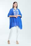 NAMRATA JOSHIPURA_Blue Textured Georgette Embroidered Pearl Stone Hibiscus Floral Gathered Top _at_Aza_Fashions