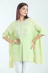 Shop_NAMRATA JOSHIPURA_Green Textured Georgette Embroidered Pearl Stone Hibiscus Flower Gathered Top _Online_at_Aza_Fashions