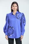 Rahul Mishra_Blue Cotton Embroidered Hibiscus Floral Shirt Collar  _Online_at_Aza_Fashions