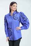 Buy_Rahul Mishra_Blue Cotton Embroidered Hibiscus Floral Shirt Collar  _Online_at_Aza_Fashions