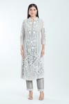 Seema Gujral_Grey Embroidered Floral Band V Paisley Kurta Pant Set _Online_at_Aza_Fashions