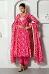 Shop_Yuvrani Jaipur_Pink Kota Doriya Digital Printed Stripe V Neck Diagonal Anarkali Set _Online_at_Aza_Fashions