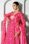 Yuvrani Jaipur_Pink Kota Doriya Digital Printed Stripe V Neck Diagonal Anarkali Set _at_Aza_Fashions