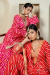 Yuvrani Jaipur_Red Kota Doriya Digital Printed Stripe V Neck Diagonal Anarkali Pant Set _Online_at_Aza_Fashions