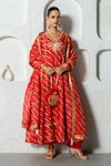 Buy_Yuvrani Jaipur_Red Kota Doriya Digital Printed Stripe V Neck Diagonal Anarkali Pant Set _Online_at_Aza_Fashions