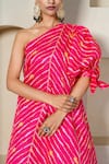 Shop_Yuvrani Jaipur_Pink Kota Doriya Digital Printed Stripe One Shoulder Kurta And Sharara Set _Online_at_Aza_Fashions