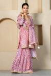 Yuvrani Jaipur_Peach Kota Doriya Digital Printed Stripe V Neck Embellished Kurta Sharara Set _at_Aza_Fashions