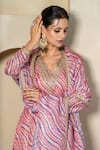 Shop_Yuvrani Jaipur_Peach Kota Doriya Digital Printed Stripe V Neck Embellished Kurta Sharara Set _at_Aza_Fashions