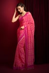 Buy_Aayushi Maniar_Pink Saree Crepe Silk Hand Embroidered Cutdana U Geometric Floral Print Set _Online_at_Aza_Fashions