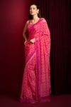 Shop_Aayushi Maniar_Pink Saree Crepe Silk Hand Embroidered Cutdana U Geometric Floral Print Set _Online_at_Aza_Fashions