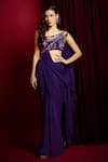 Buy_Aayushi Maniar_Purple Saree Georgette Hand Embroidered Pre-draped With Floral Print Blouse _at_Aza_Fashions