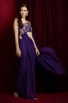 Buy_Aayushi Maniar_Purple Saree Georgette Hand Embroidered Pre-draped With Floral Print Blouse _Online_at_Aza_Fashions