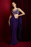 Shop_Aayushi Maniar_Purple Saree Georgette Hand Embroidered Pre-draped With Floral Print Blouse _Online_at_Aza_Fashions