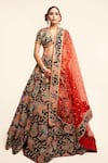 Buy_Rajbinder Chahal_Black Dupion Silk Print Floral V-neck Blouse And Lehenga Set _at_Aza_Fashions