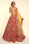 Buy_Rajbinder Chahal_Red Dupion Silk Print Paisley Geometric Embroidered Blouse And Lehenga Set _at_Aza_Fashions