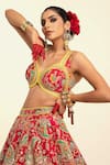 Rajbinder Chahal_Red Dupion Silk Print Paisley Geometric Embroidered Blouse And Lehenga Set _at_Aza_Fashions