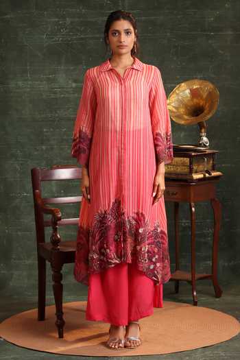 Buy_Soup By Sougat Paul_Pink Organza, Chanderi Embroidery, Kaira Stripe Print Shirt Kurta And Pant Set _at_Aza_Fashions