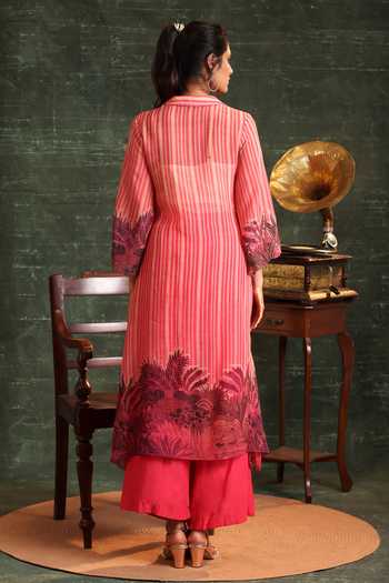 Shop_Soup By Sougat Paul_Pink Organza, Chanderi Embroidery, Kaira Stripe Print Shirt Kurta And Pant Set _at_Aza_Fashions