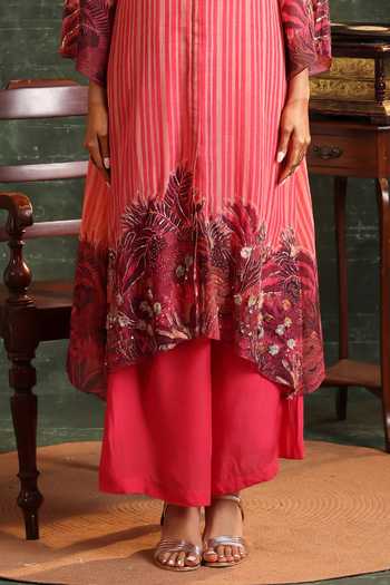 Soup By Sougat Paul_Pink Organza, Chanderi Embroidery, Kaira Stripe Print Shirt Kurta And Pant Set _Online_at_Aza_Fashions