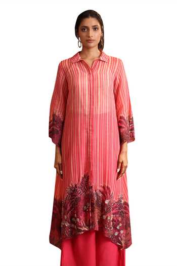 Shop_Soup By Sougat Paul_Pink Organza, Chanderi Embroidery, Kaira Stripe Print Shirt Kurta And Pant Set _Online_at_Aza_Fashions