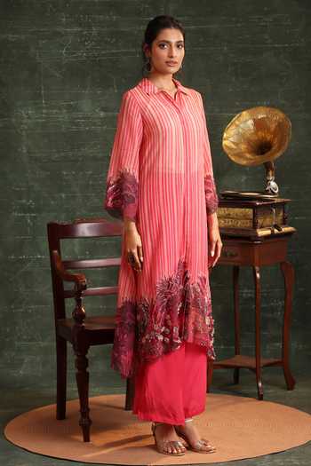 Soup By Sougat Paul_Pink Organza, Chanderi Embroidery, Kaira Stripe Print Shirt Kurta And Pant Set _at_Aza_Fashions