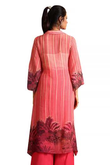 Shop_Soup By Sougat Paul_Pink Organza, Chanderi Embroidery, Kaira Stripe Print Shirt Kurta And Pant Set 