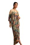 Buy_Soup by Sougat Paul_Beige Dress Crepe Printed Tropical Dress Kaira Draped With Jacket _Online_at_Aza_Fashions