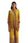 Shop_Soup by Sougat Paul_Yellow Cotton Silk Embroidery Thread Mandarin Collar Eraya Kurta And Pant Set _Online_at_Aza_Fashions