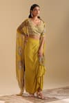 Soup by Sougat Paul_Yellow Blouse Chanderi Print Floral Cape Eraya Bloom And Draped Skirt Set _Online_at_Aza_Fashions