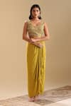 Buy_Soup by Sougat Paul_Yellow Blouse Chanderi Print Floral Cape Eraya Bloom And Draped Skirt Set 