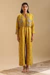 Soup by Sougat Paul_Yellow Chanderi Print Floral Jacket Collared Eraya Butti Jumpsuit With _Online_at_Aza_Fashions