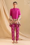 Buy_Soup by Sougat Paul_Pink Malaysian Silk Embroidery Floral Round Collar Aarani Tunic With Pant _at_Aza_Fashions