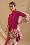 Soup by Sougat Paul_Pink Malaysian Silk Embroidery Floral Round Collar Aarani Tunic With Pant _at_Aza_Fashions