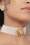 Shop Joules By Radhika Gold Plated Pearls, Diamonds Floral Carved Choker Necklace Set at Aza Fashions Shop_Joules By Radhika_Gold Plated Pearls, Diamonds Floral Carved Choker Necklace Set _at_Aza_Fashions