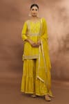 Buy_Samyukta Singhania_Yellow Chanderi, Organza Gota Patti, Tassels Floral Work Kurta Sharara Set _at_Aza_Fashions
